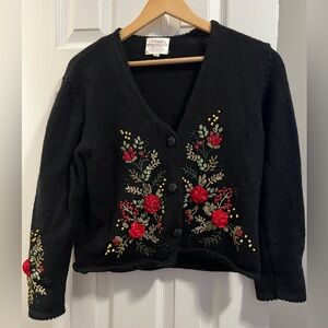 Vintage Susan Bristol Black Cardigan with Red Floral Embroidery